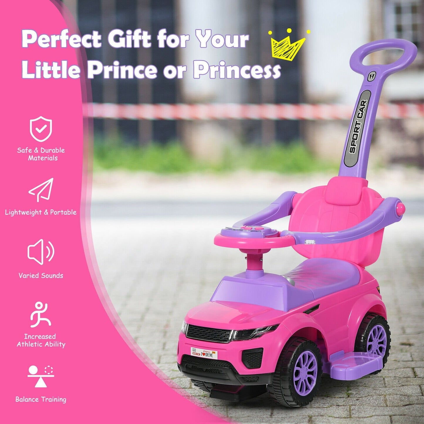 Honey Joy 3 in 1 Ride on Push Car Toddler Stroller Sliding Car with Music-Pink
