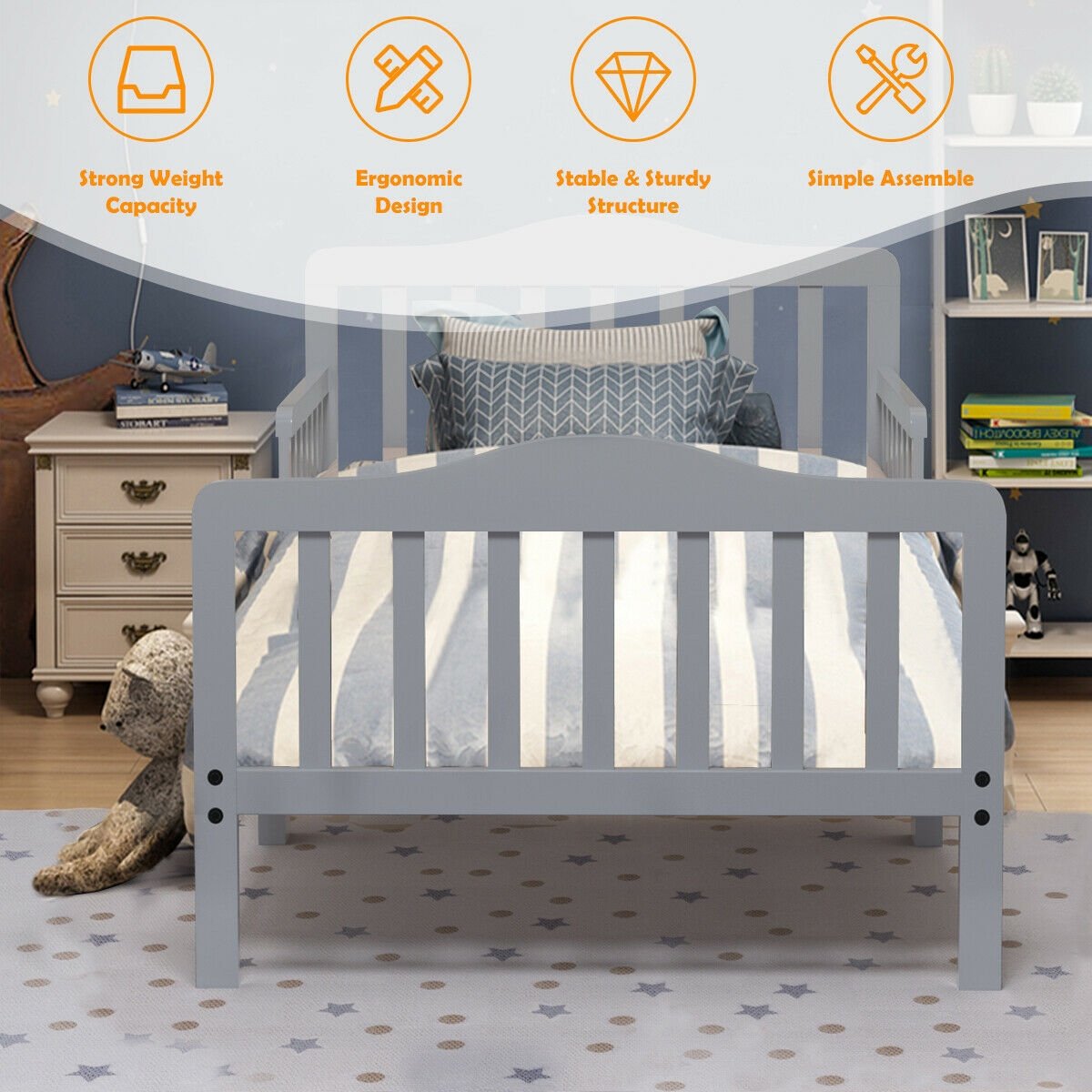 Classic Design Kids Wood Toddler Bed Frame with Two Side Safety Guardrailss-Gray