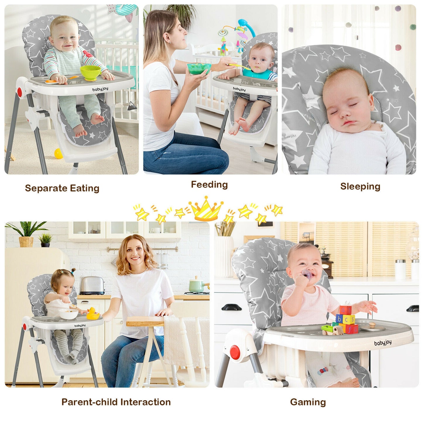 Folding Baby High Dining Chair with 6-Level Height Adjustment-Gray