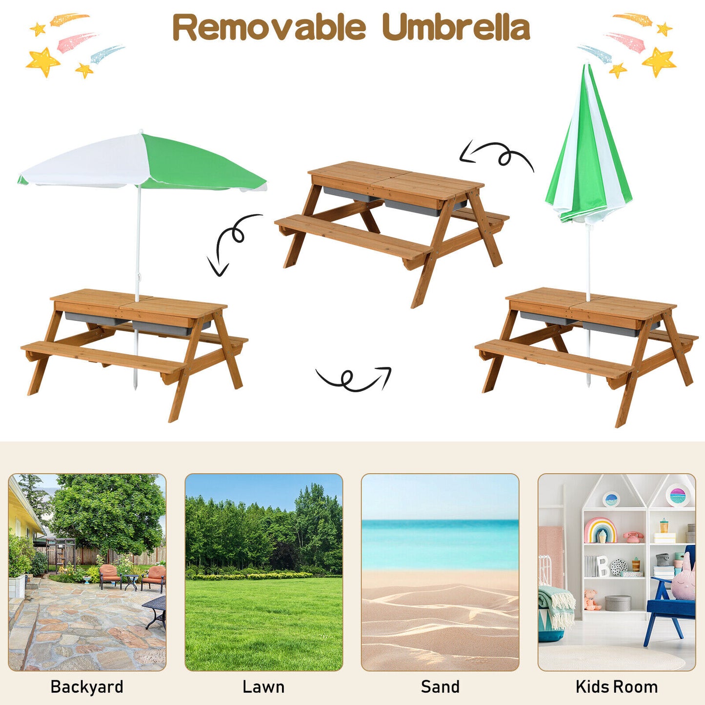 3-in-1 Kids Outdoor Picnic Water Sand Table with Umbrella Play Boxes-Green