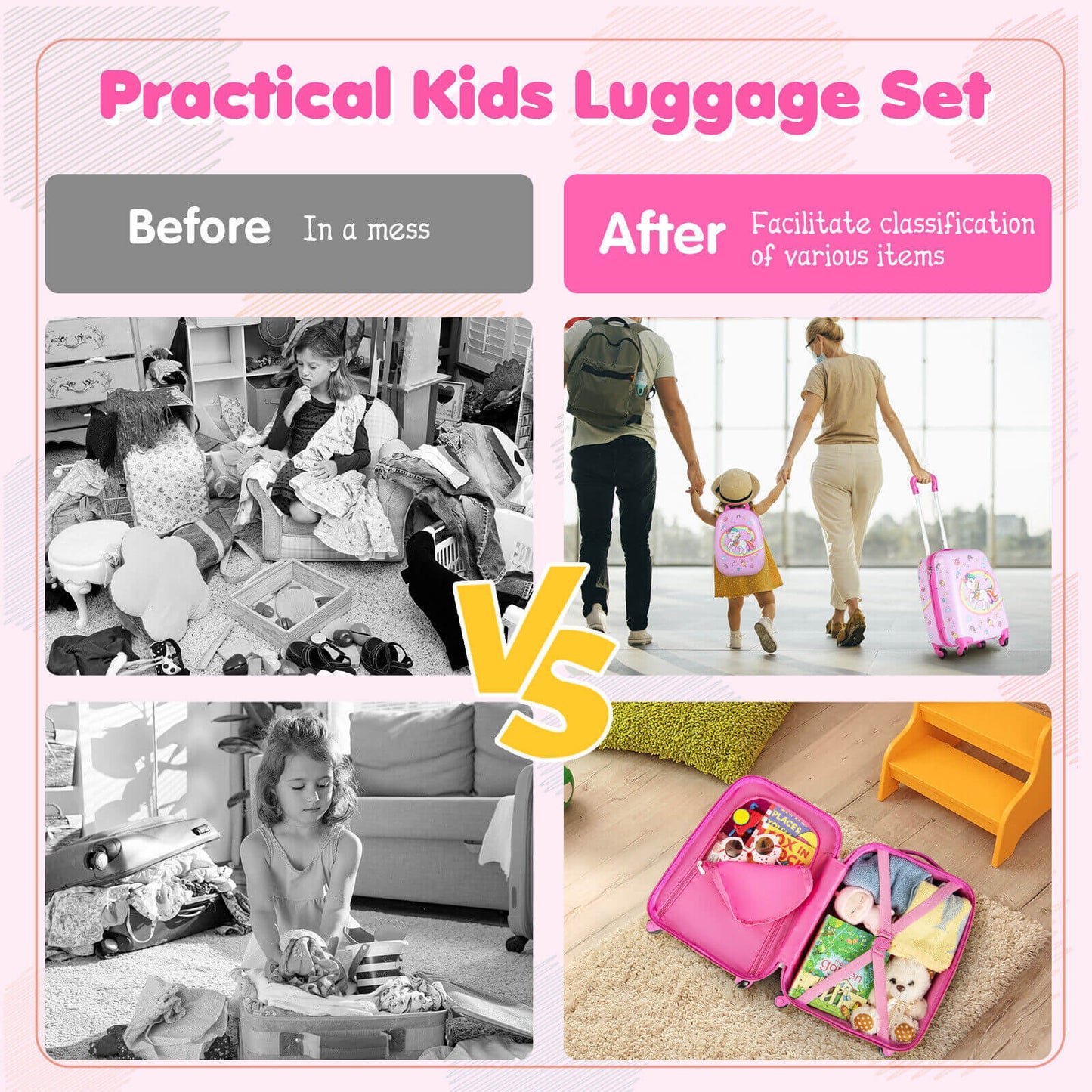 2 Pieces Kids Carry-on Luggage Set with 12 Inch Backpack-Pink