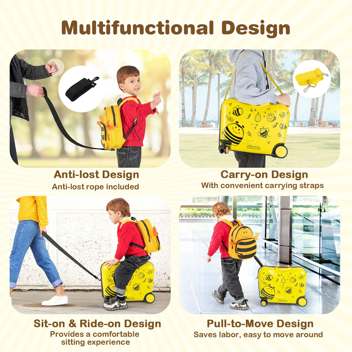 2 Pieces 18 Inch Ride-on Kids Luggage Set with Spinner Wheels and Bee Pattern-Yellow