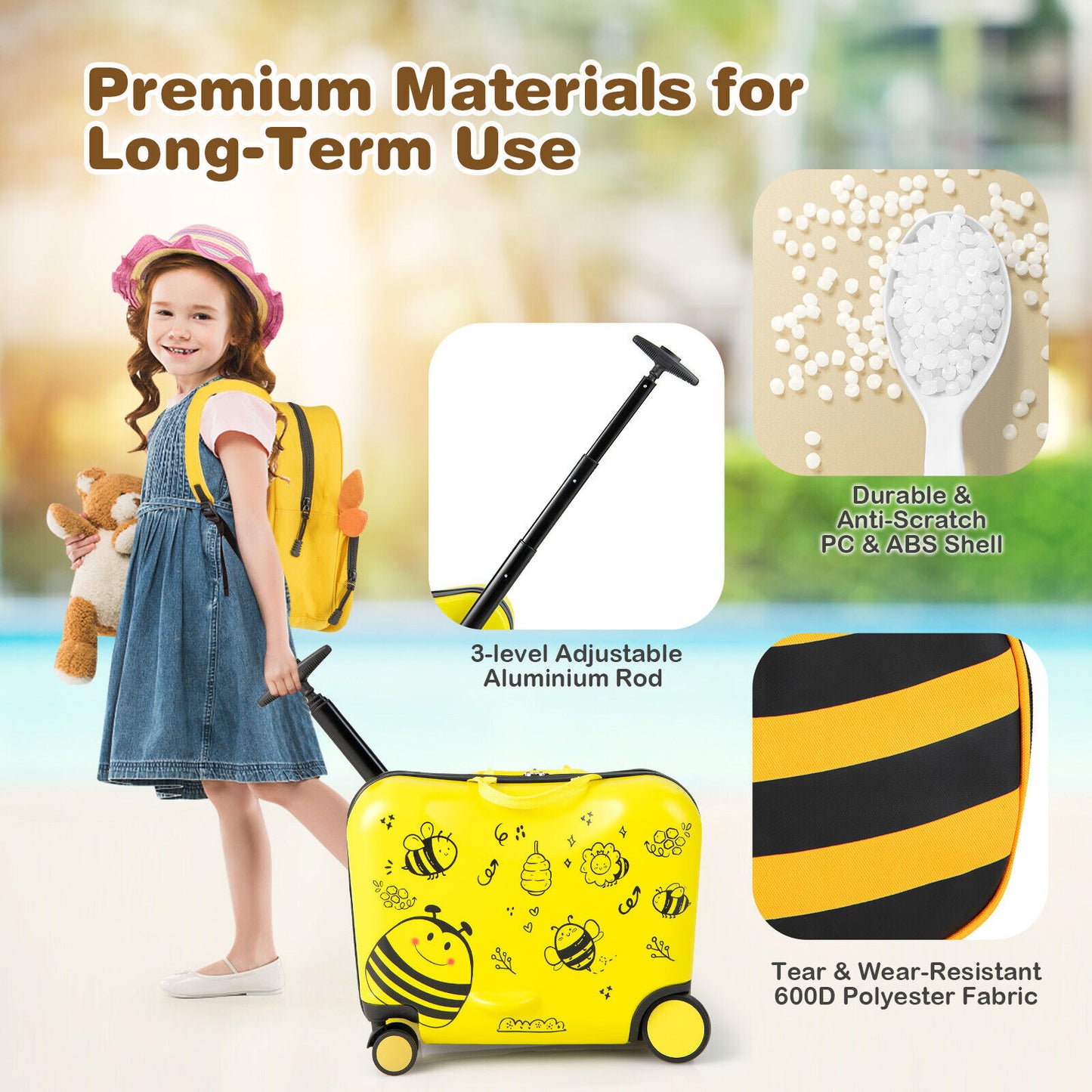 2 Pieces 18 Inch Ride-on Kids Luggage Set with Spinner Wheels and Bee Pattern-Yellow