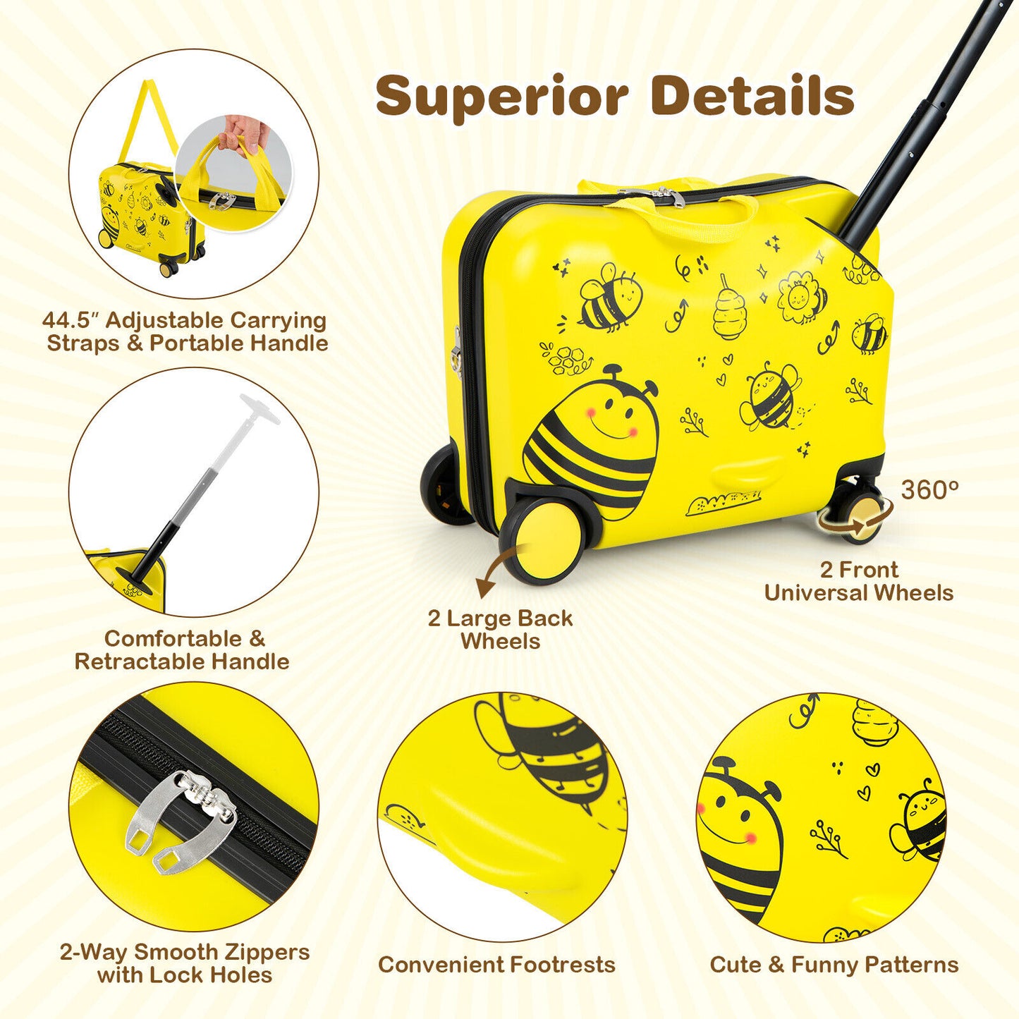 2 Pieces 18 Inch Ride-on Kids Luggage Set with Spinner Wheels and Bee Pattern-Yellow