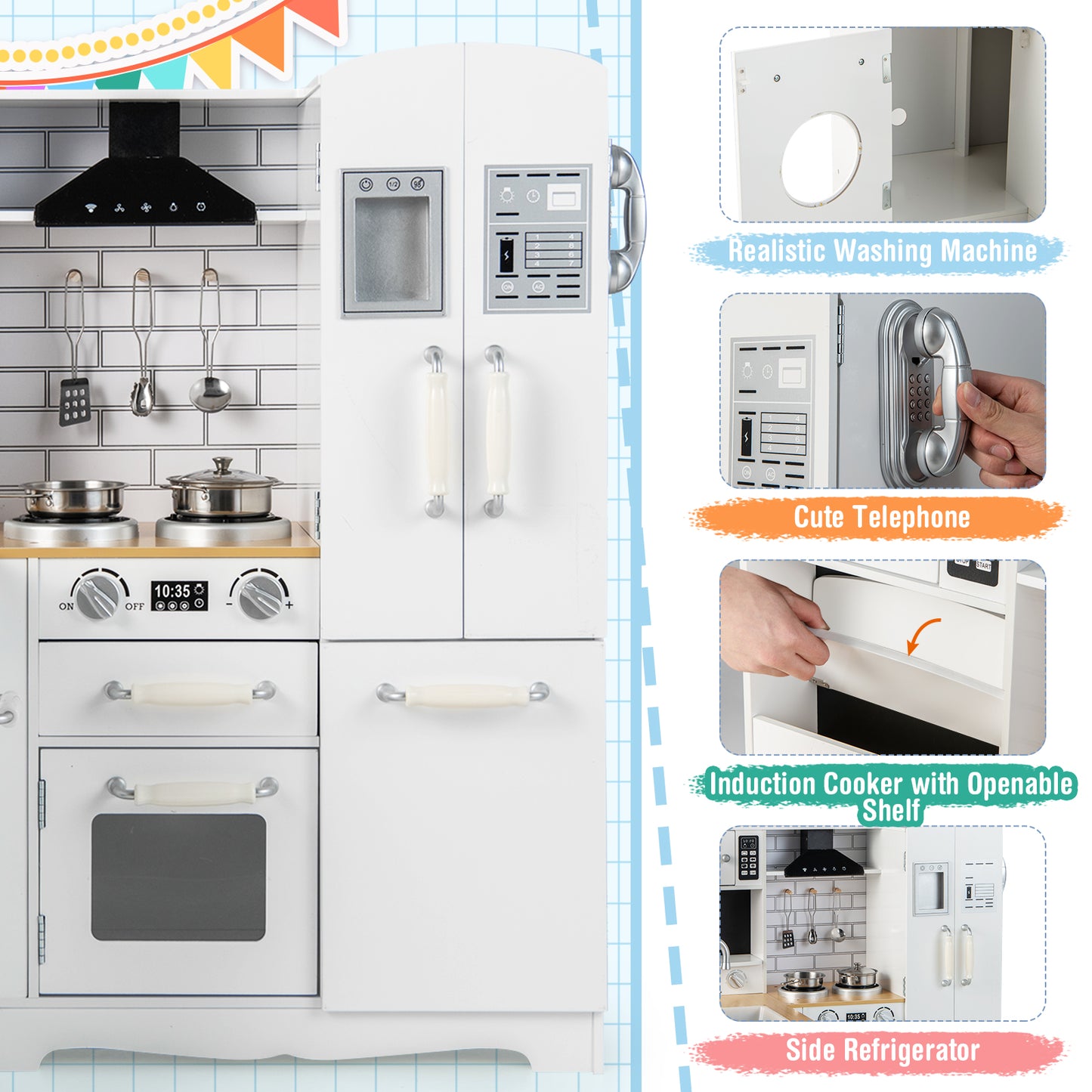 Wooden Kid's Corner Kitchen Playset with Stove for Toddlers-White
