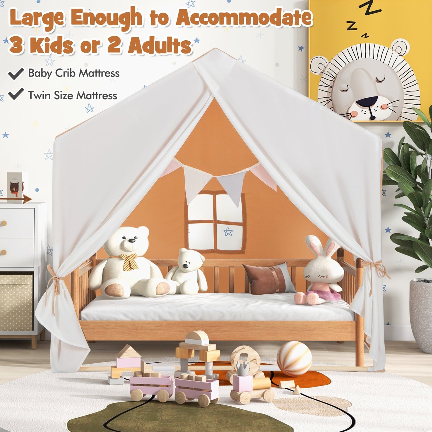 Kid's Play Tent with Washable Cotton Mat and Flag Banner-Orange