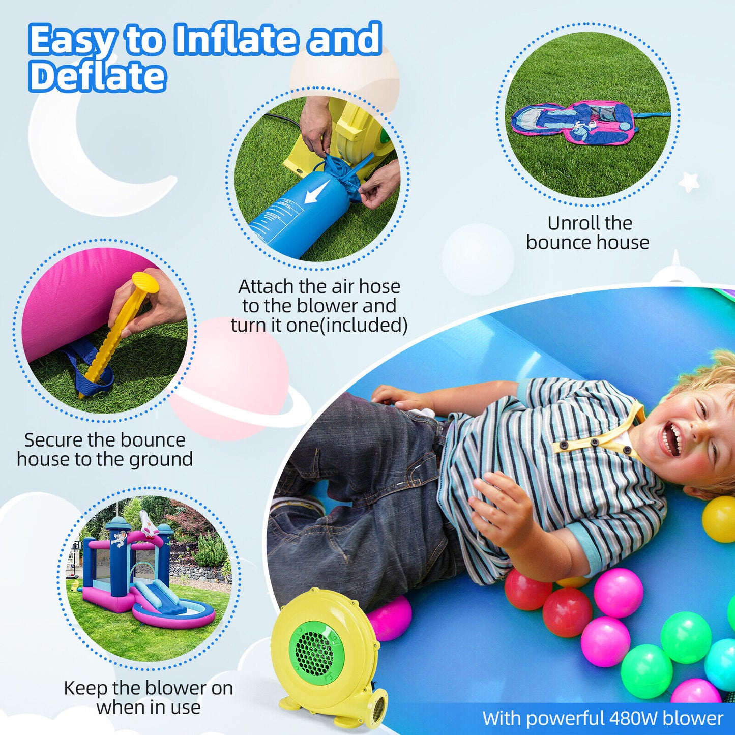 3-in-1 Inflatable Space-themed Bounce House with 480W Blower