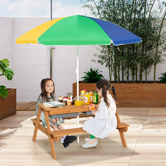 3-in-1 Kids Outdoor Picnic Water Sand Table with Umbrella Play Boxes-Yellow