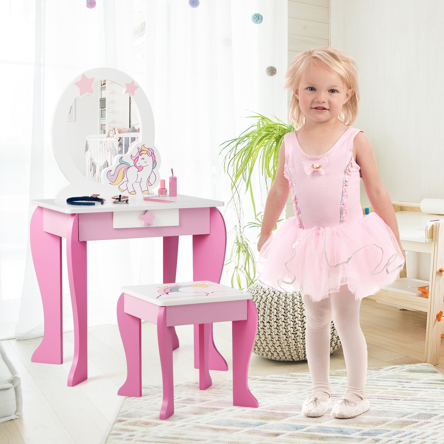 Kids Wooden Makeup Dressing Table and Chair Set with Mirror and Drawer