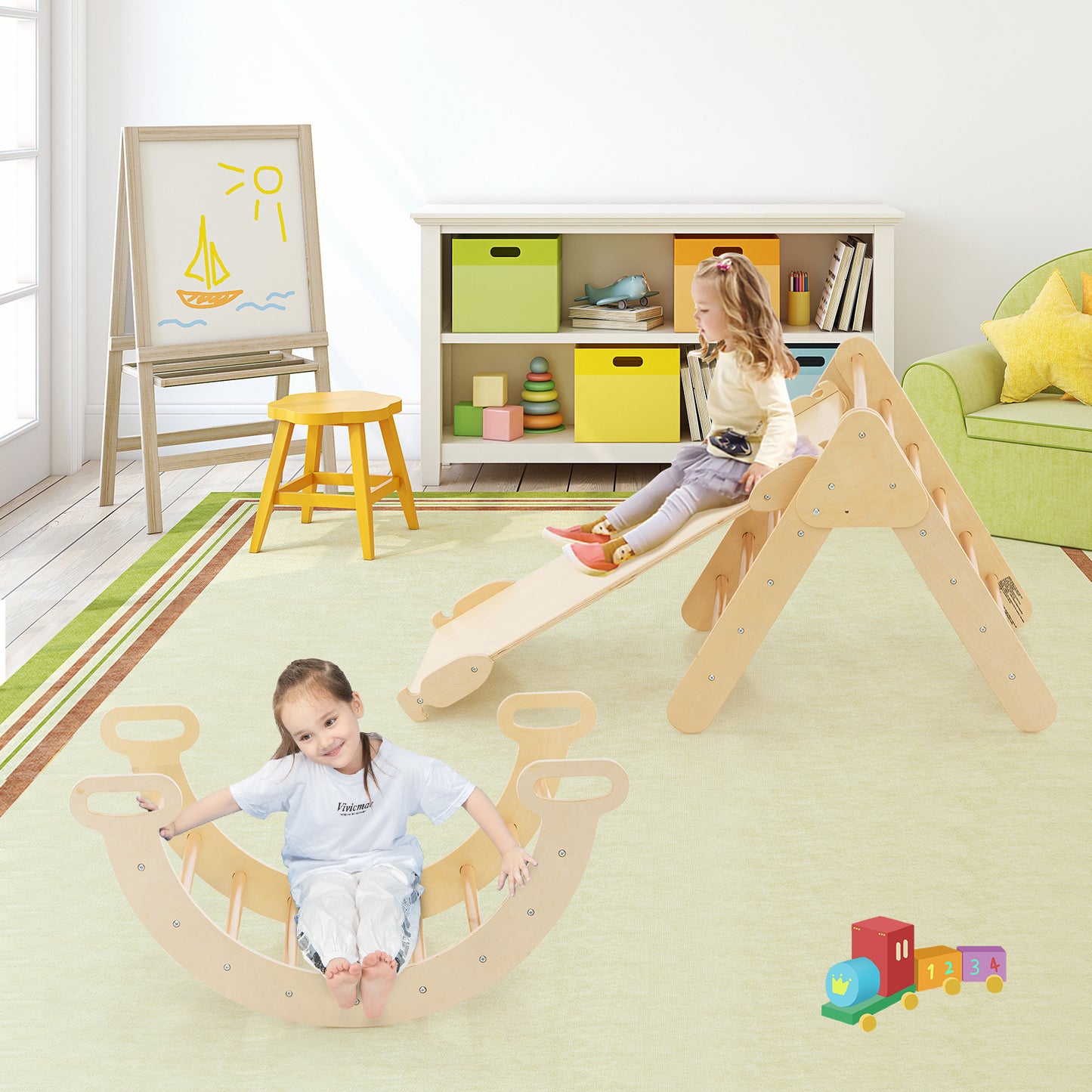 2-in-1 Wooden Kids Climber Toys with Triangle Arch Ramp-Natural