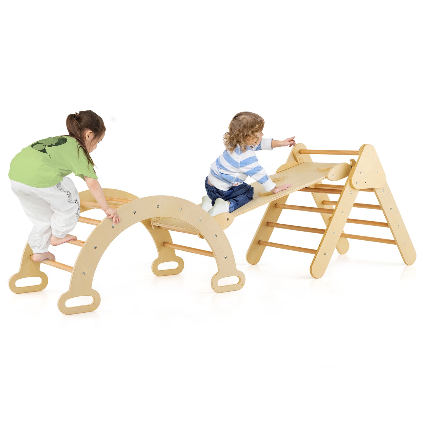 2-in-1 Wooden Kids Climber Toys with Triangle Arch Ramp-Natural