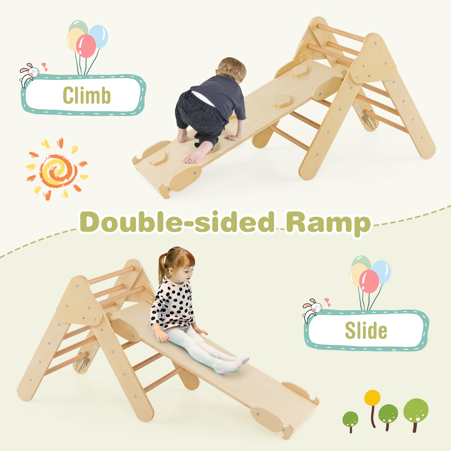 2-in-1 Wooden Kids Climber Toys with Triangle Arch Ramp-Natural