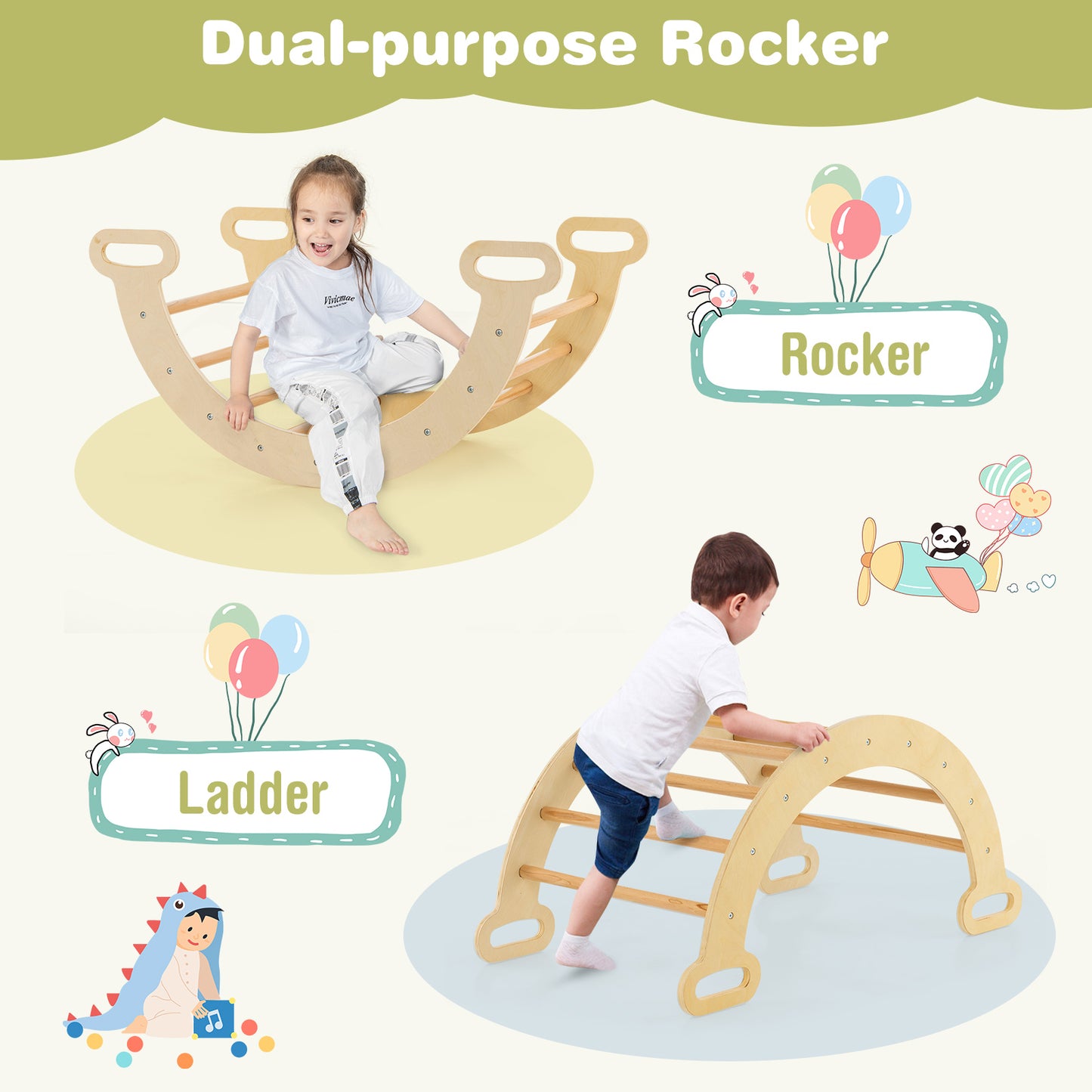 2-in-1 Wooden Kids Climber Toys with Triangle Arch Ramp-Natural
