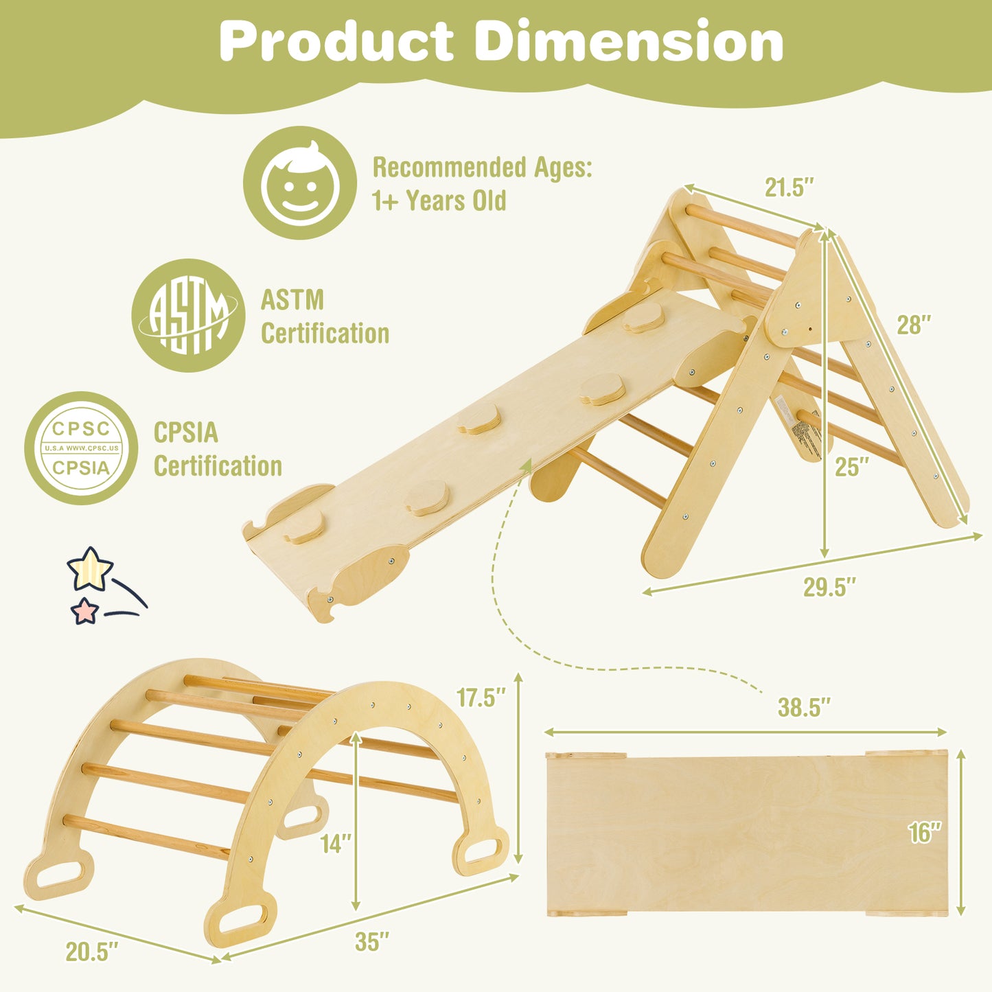 2-in-1 Wooden Kids Climber Toys with Triangle Arch Ramp-Natural