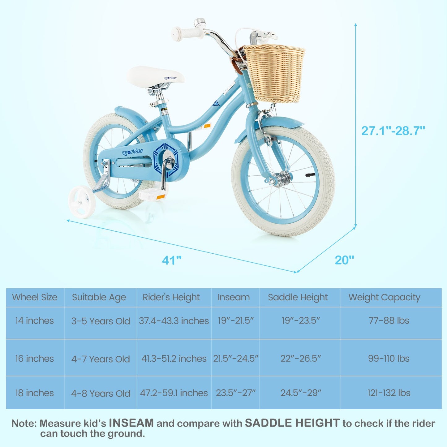 14" Kid's Bike with Training Wheels and Adjustable Handlebar Seat-Blue
