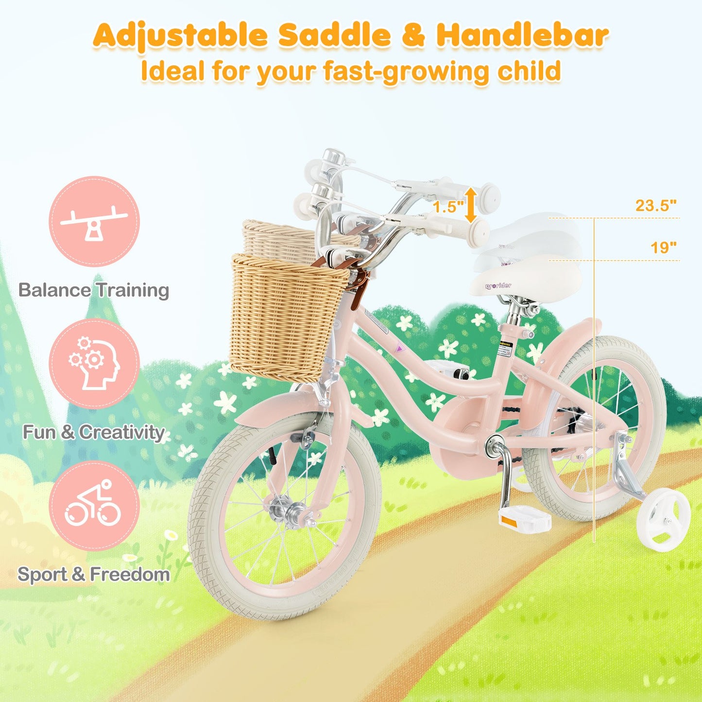 14" Kid's Bike with Training Wheels and Adjustable Handlebar Seat-Pink