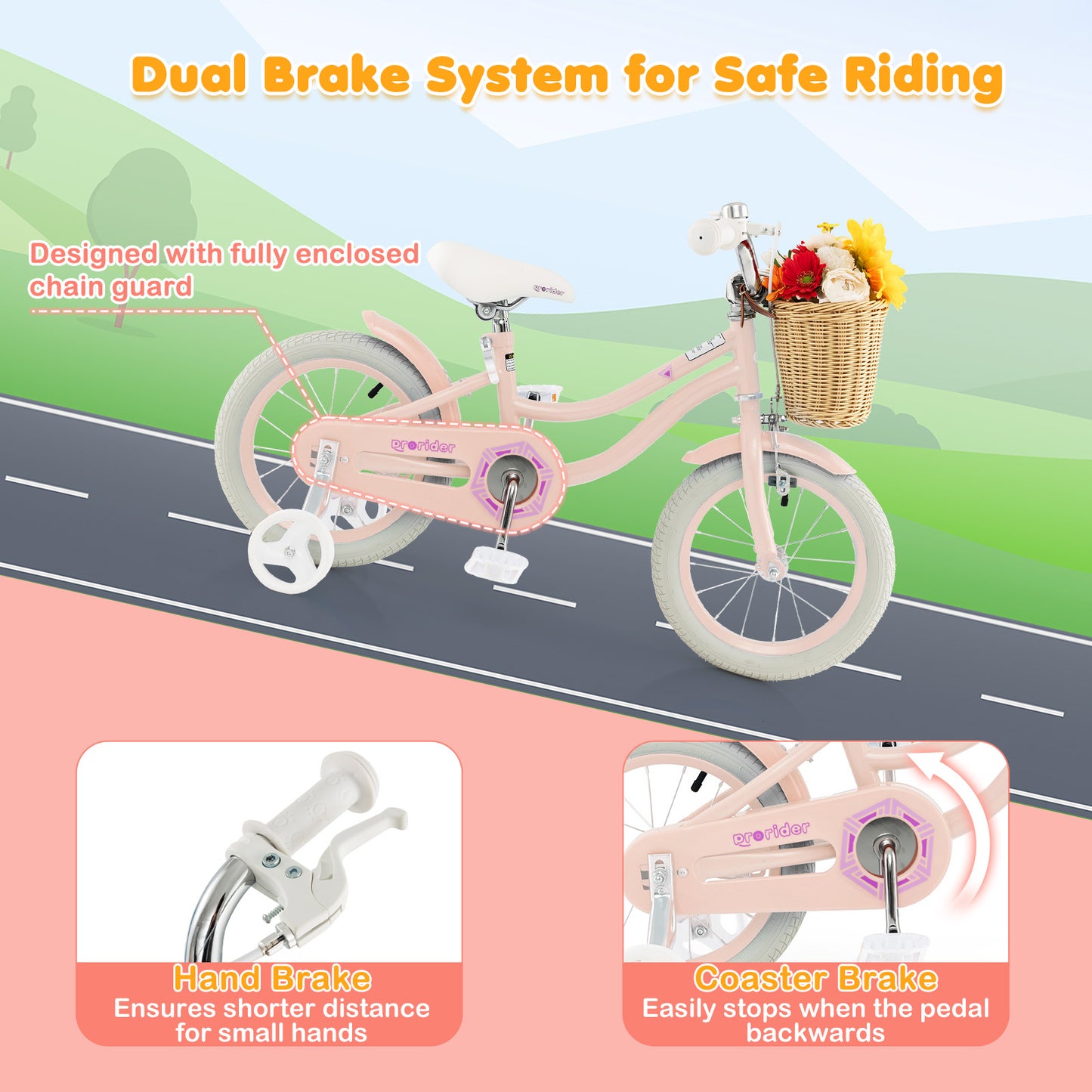 14" Kid's Bike with Training Wheels and Adjustable Handlebar Seat-Pink