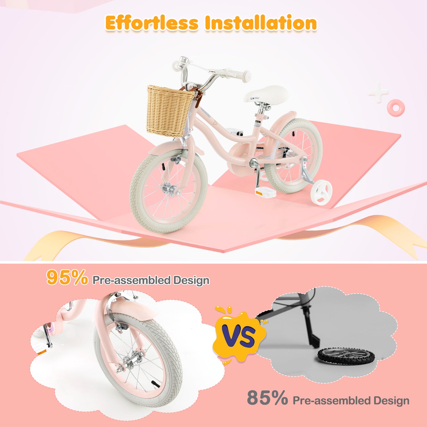 14" Kid's Bike with Training Wheels and Adjustable Handlebar Seat-Pink