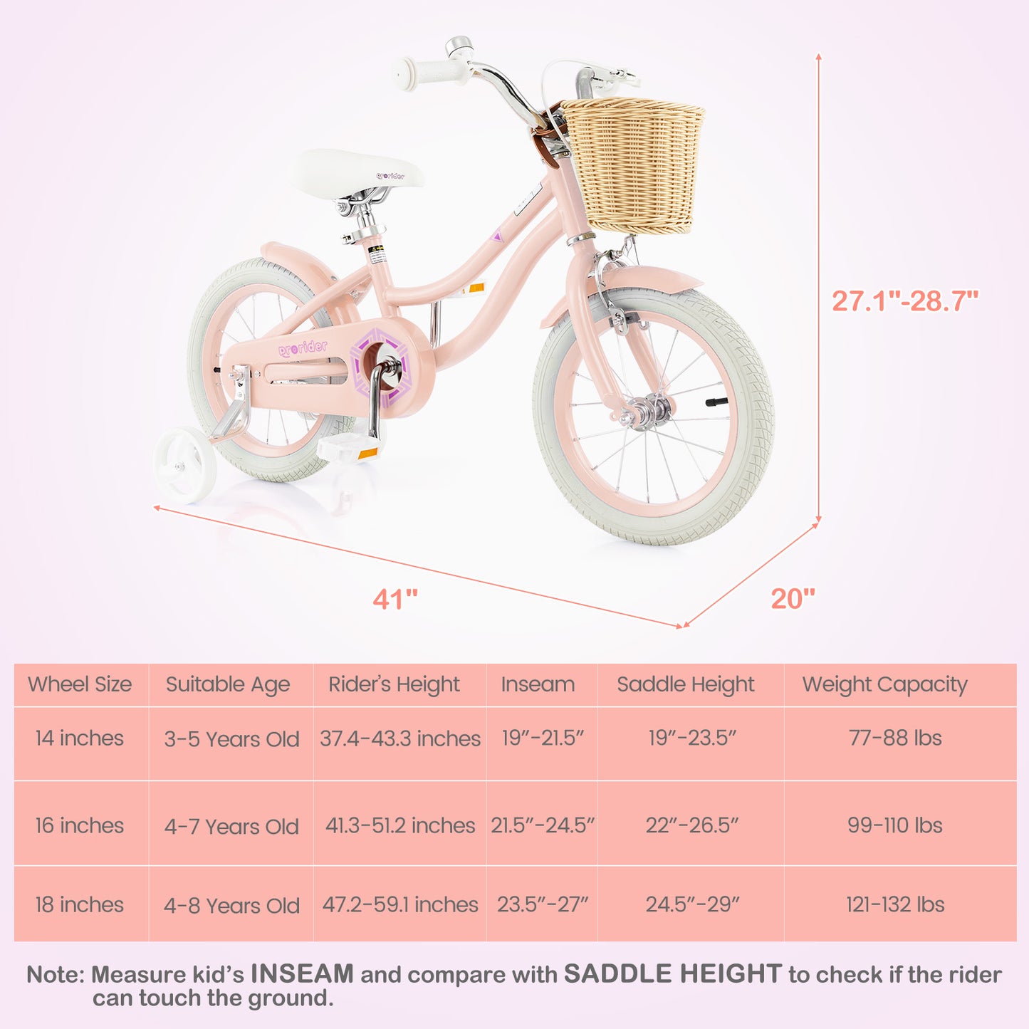 14" Kid's Bike with Training Wheels and Adjustable Handlebar Seat-Pink
