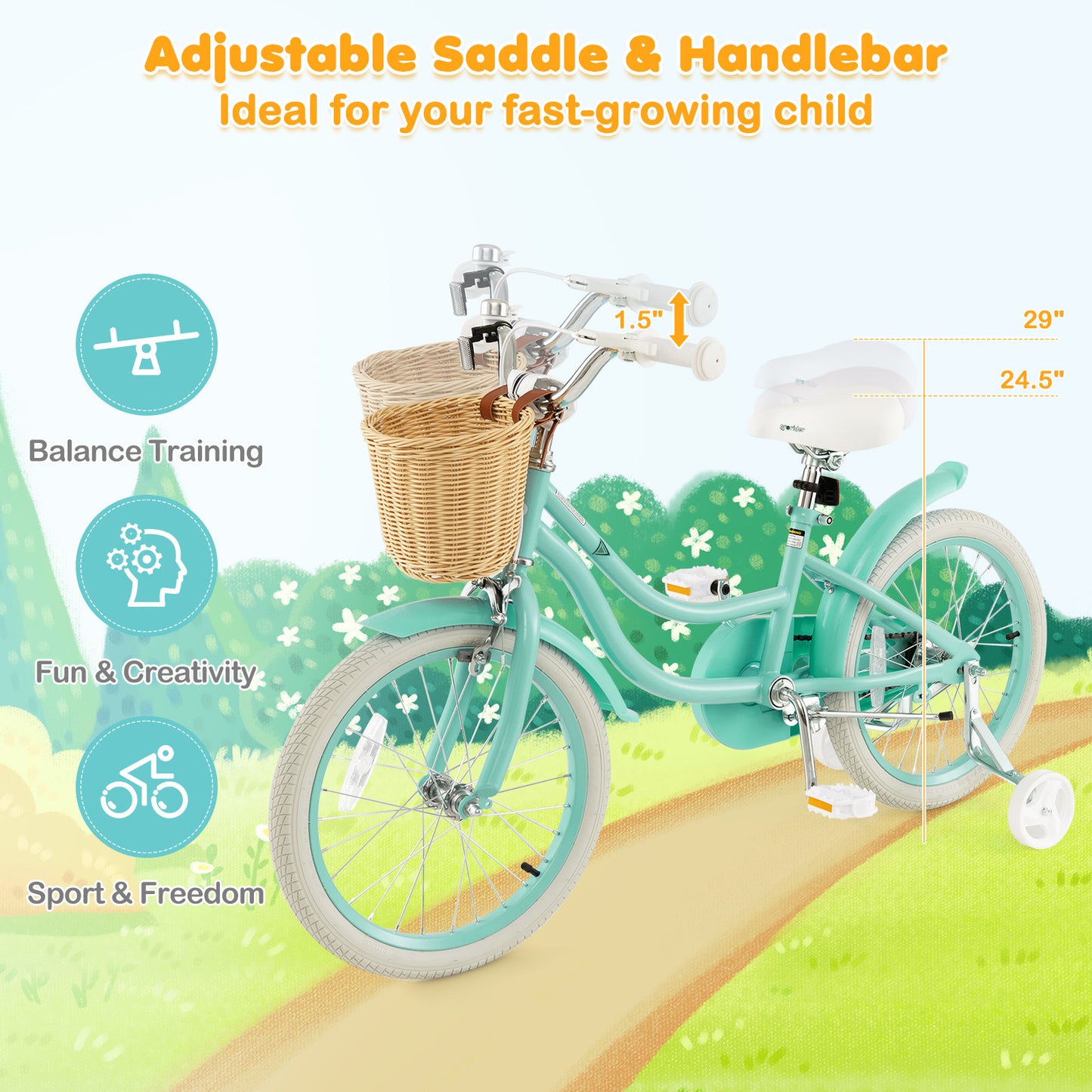 18" Kid's Bike with Training Wheels and Adjustable Handlebar Seat-Green