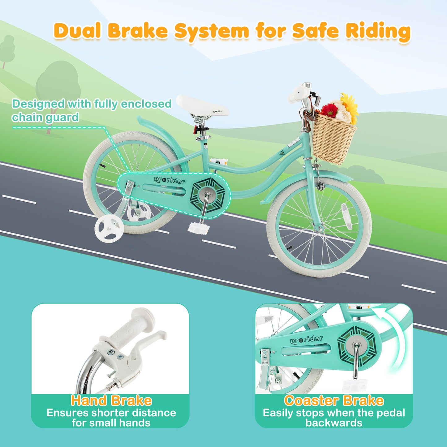 18" Kid's Bike with Training Wheels and Adjustable Handlebar Seat-Green