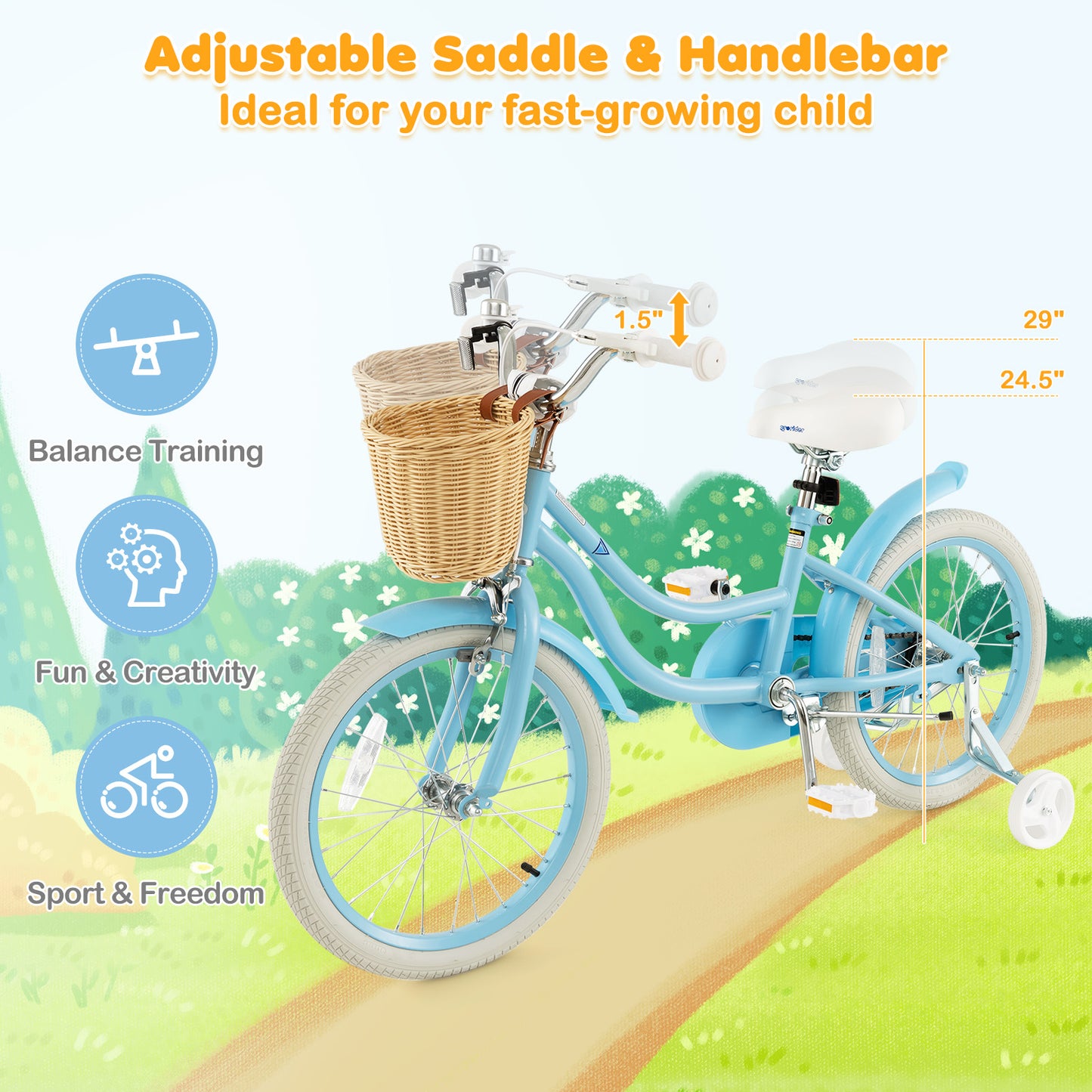 18" Kid's Bike with Training Wheels and Adjustable Handlebar Seat-Blue
