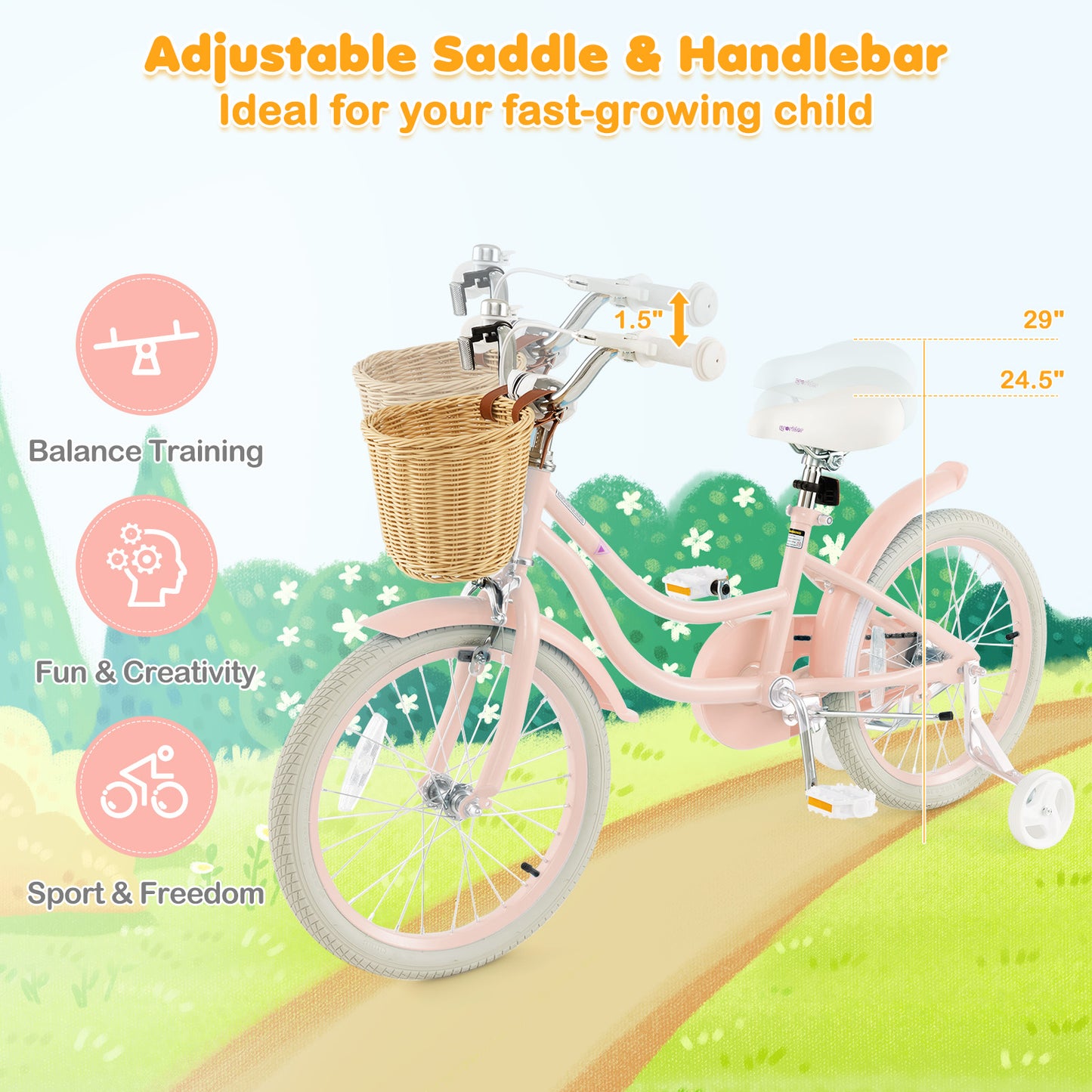 18" Kid's Bike with Training Wheels and Adjustable Handlebar Seat-Pink