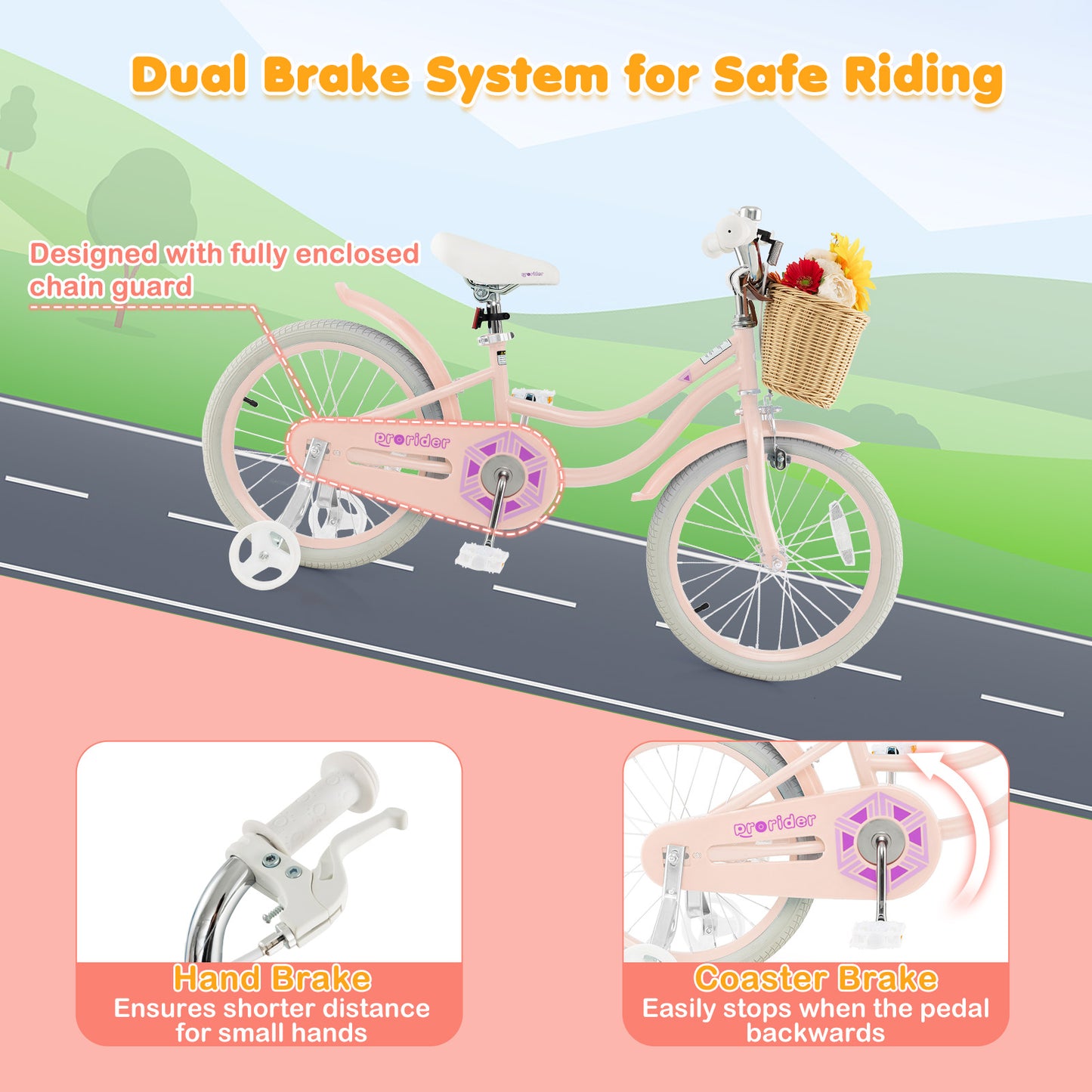18" Kid's Bike with Training Wheels and Adjustable Handlebar Seat-Pink