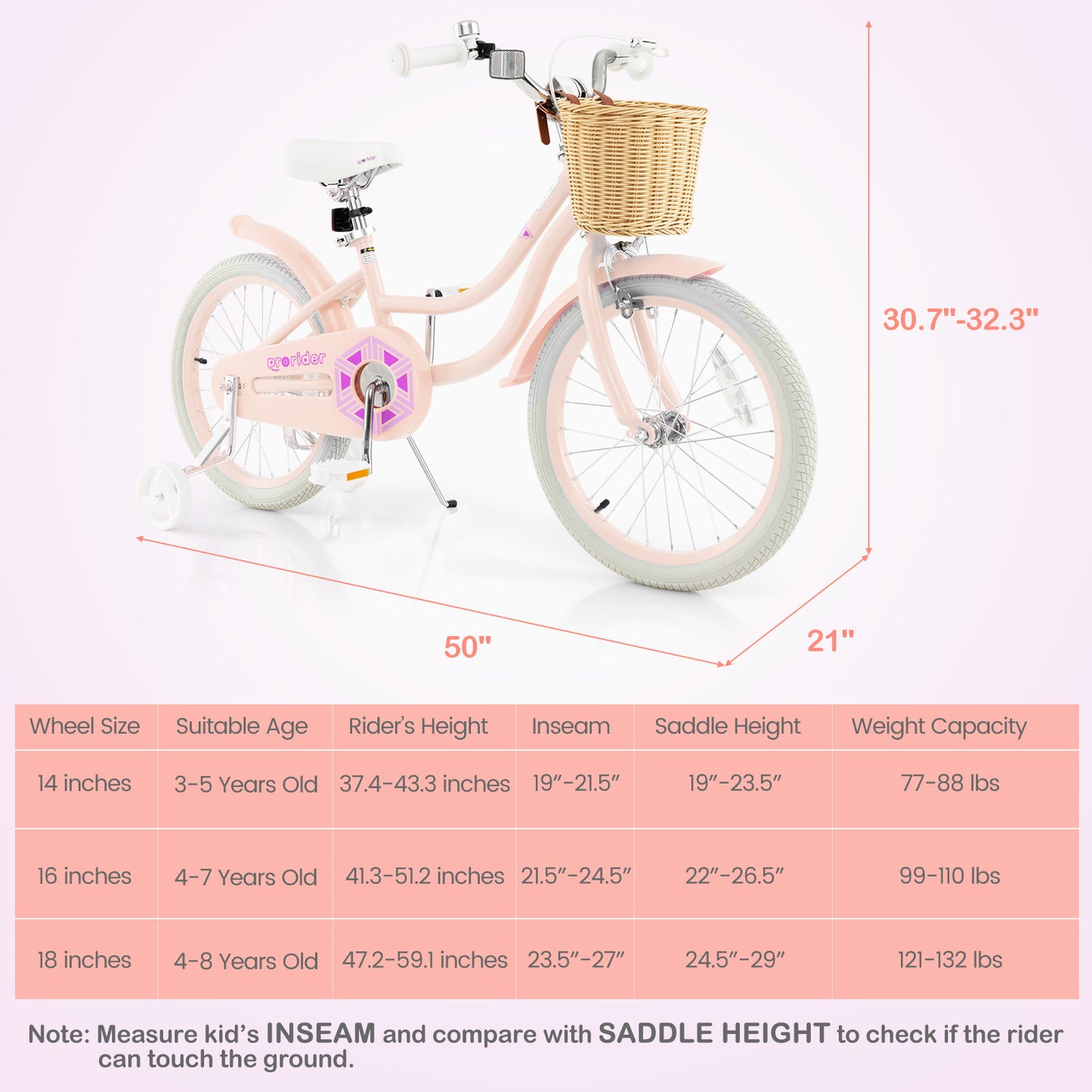18" Kid's Bike with Training Wheels and Adjustable Handlebar Seat-Pink