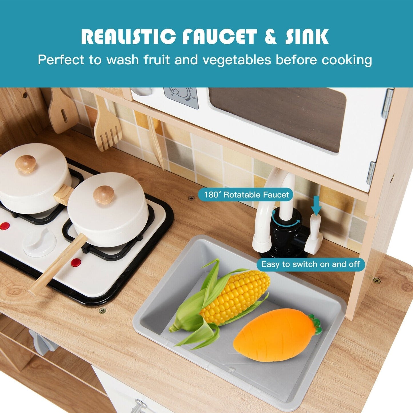 Wooden Kids Pretend Kitchen Playset Cooking Play Toy with Utensils and Sound