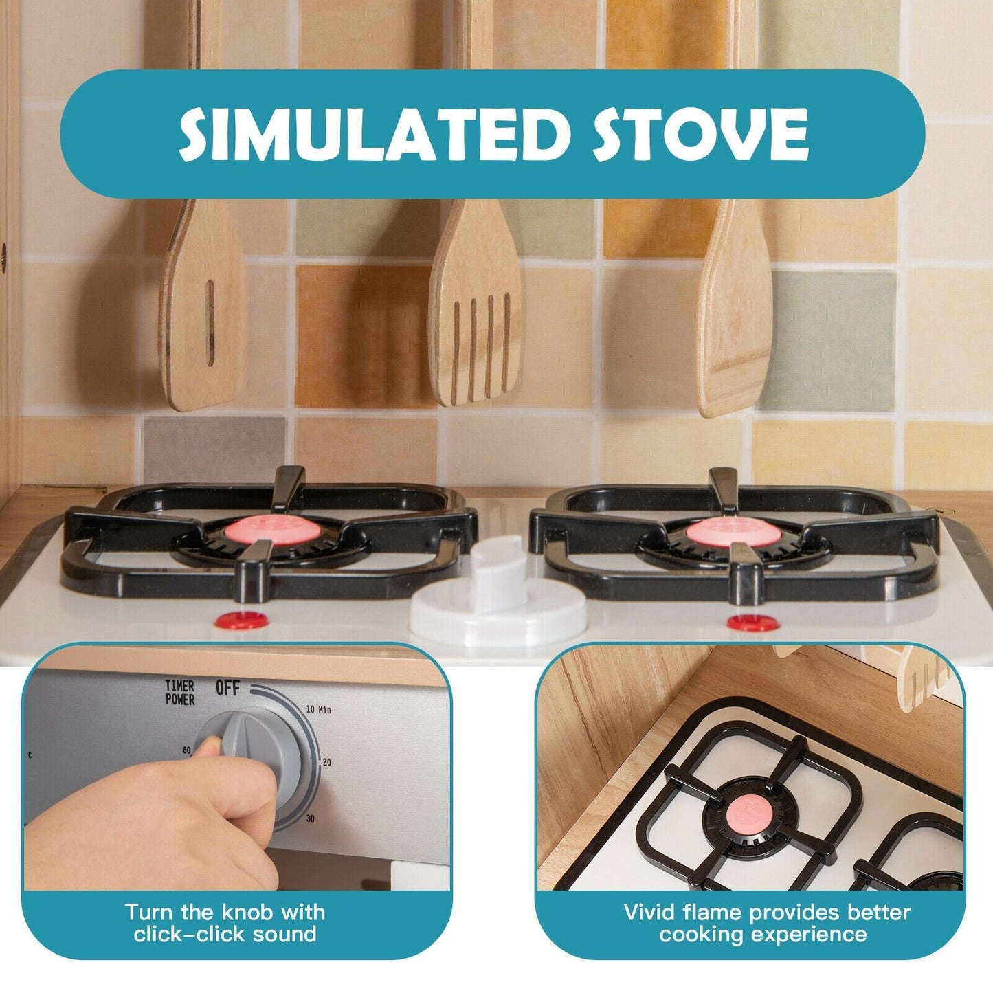 Wooden Kids Pretend Kitchen Playset Cooking Play Toy with Utensils and Sound