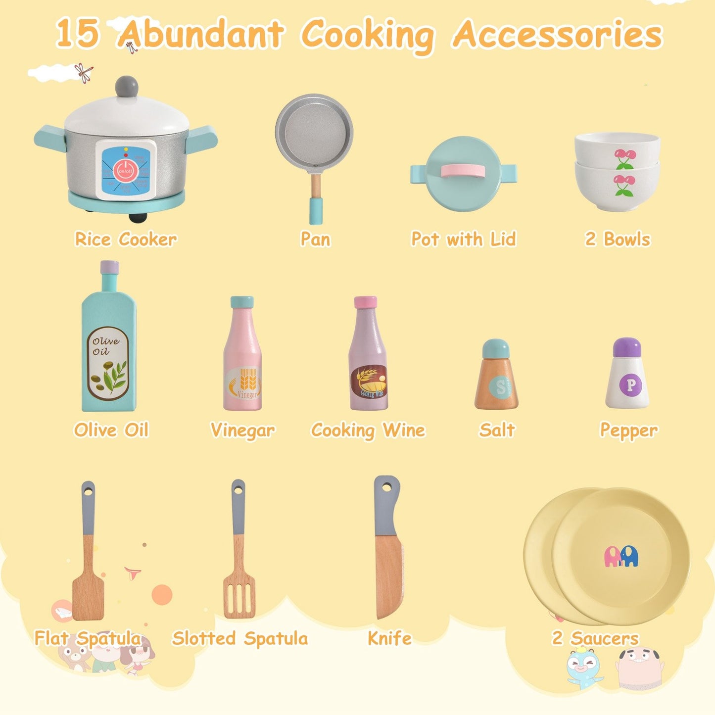 Wooden Pretend Kids Play Kitchen Set with Cooking Accessories
