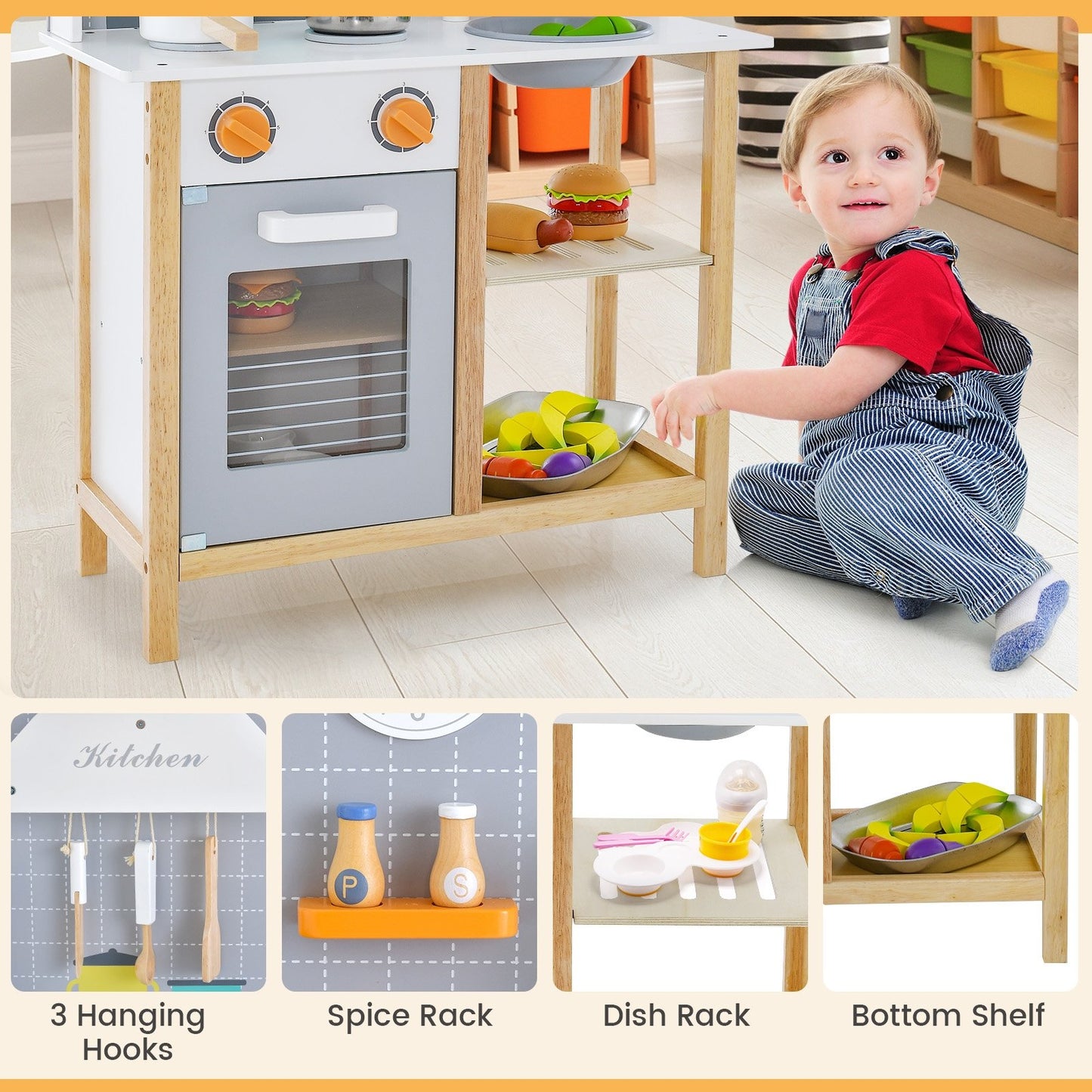 Wooden Toddler Pretend Kitchen Set with Cookware Accessories for Boys and Girls-Grey