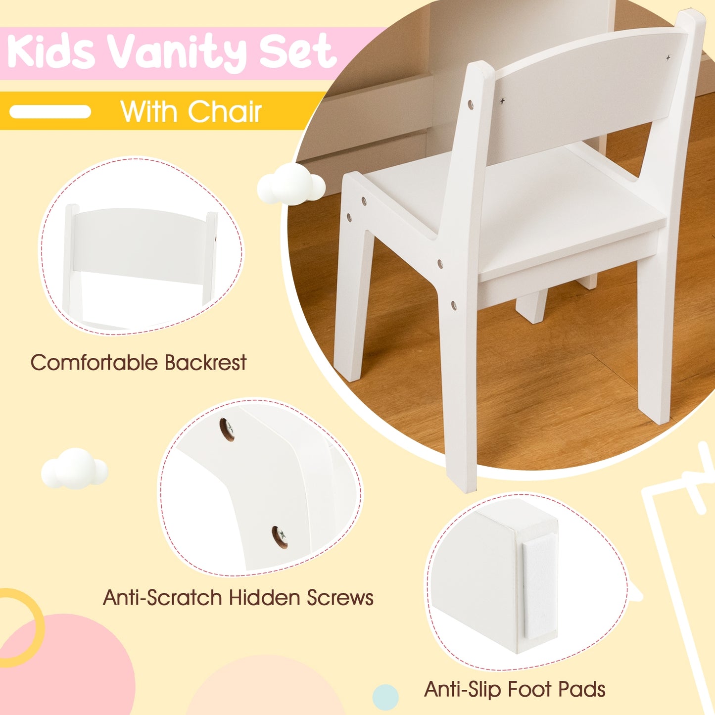 Kids Vanity Table and Chair Set with Shelves Drawer and Cabinet-White