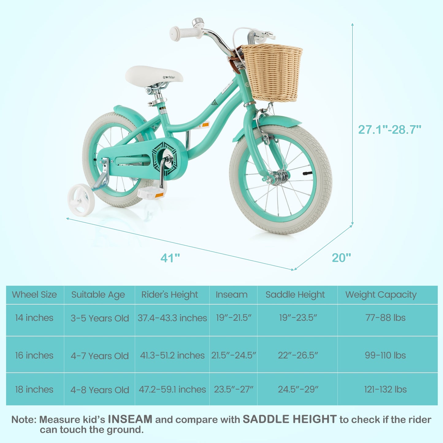 14" Kid's Bike with Training Wheels and Adjustable Handlebar Seat-Green