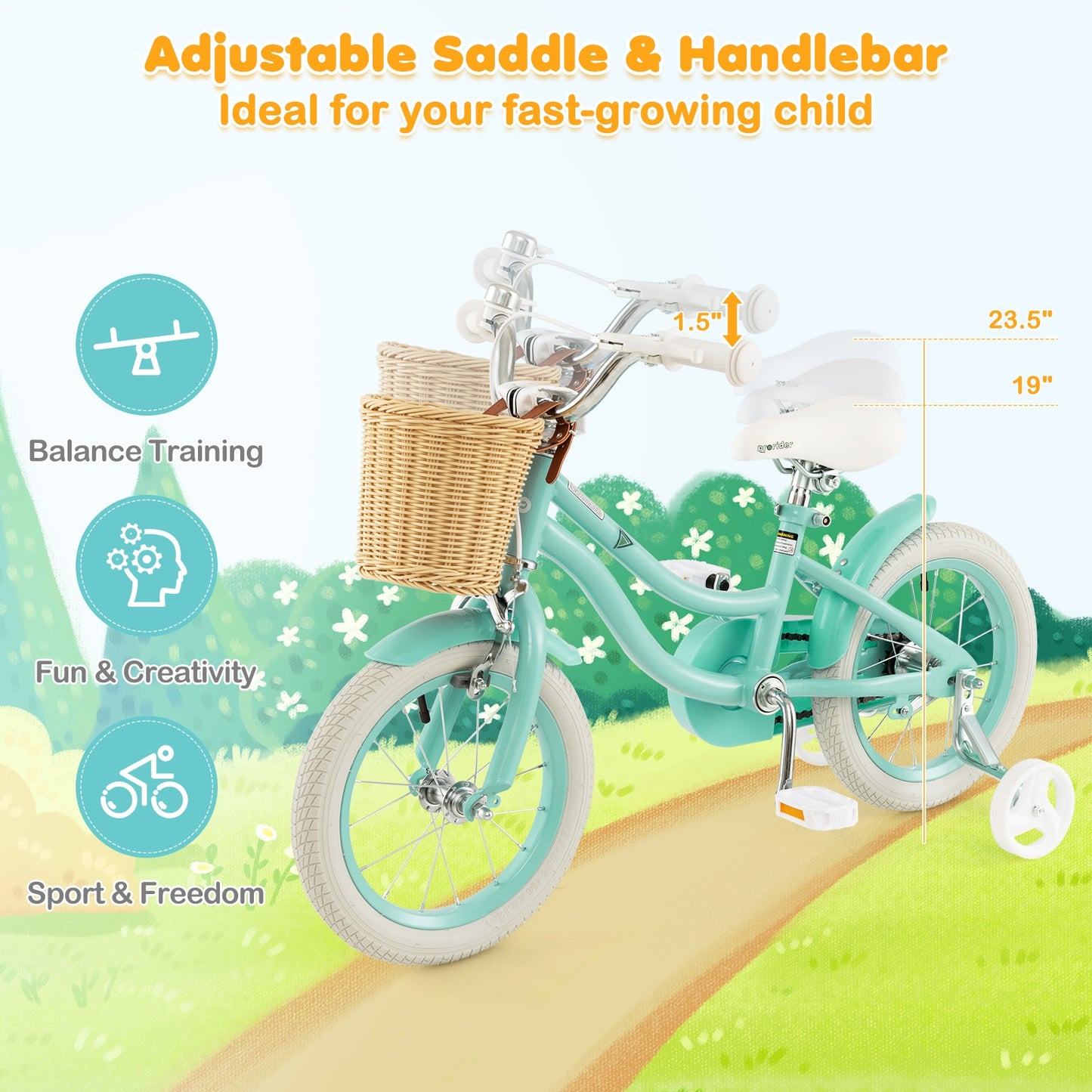 14" Kid's Bike with Training Wheels and Adjustable Handlebar Seat-Green
