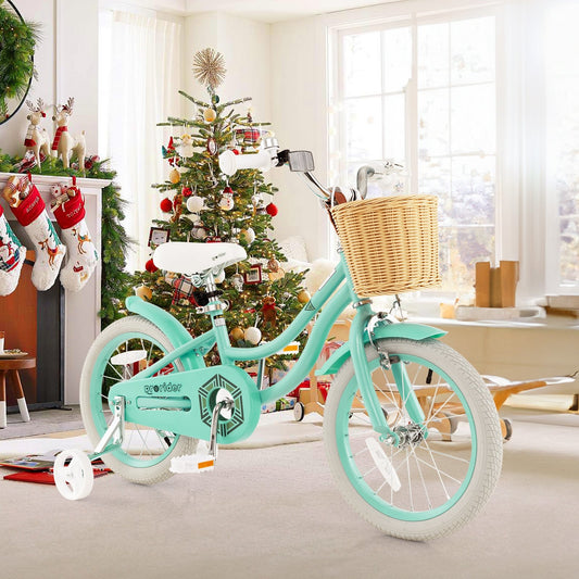 16" Kid's Bike with Training Wheels and Adjustable Handlebar Seat-Green