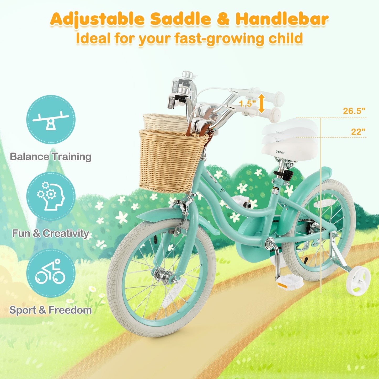 16" Kid's Bike with Training Wheels and Adjustable Handlebar Seat-Green