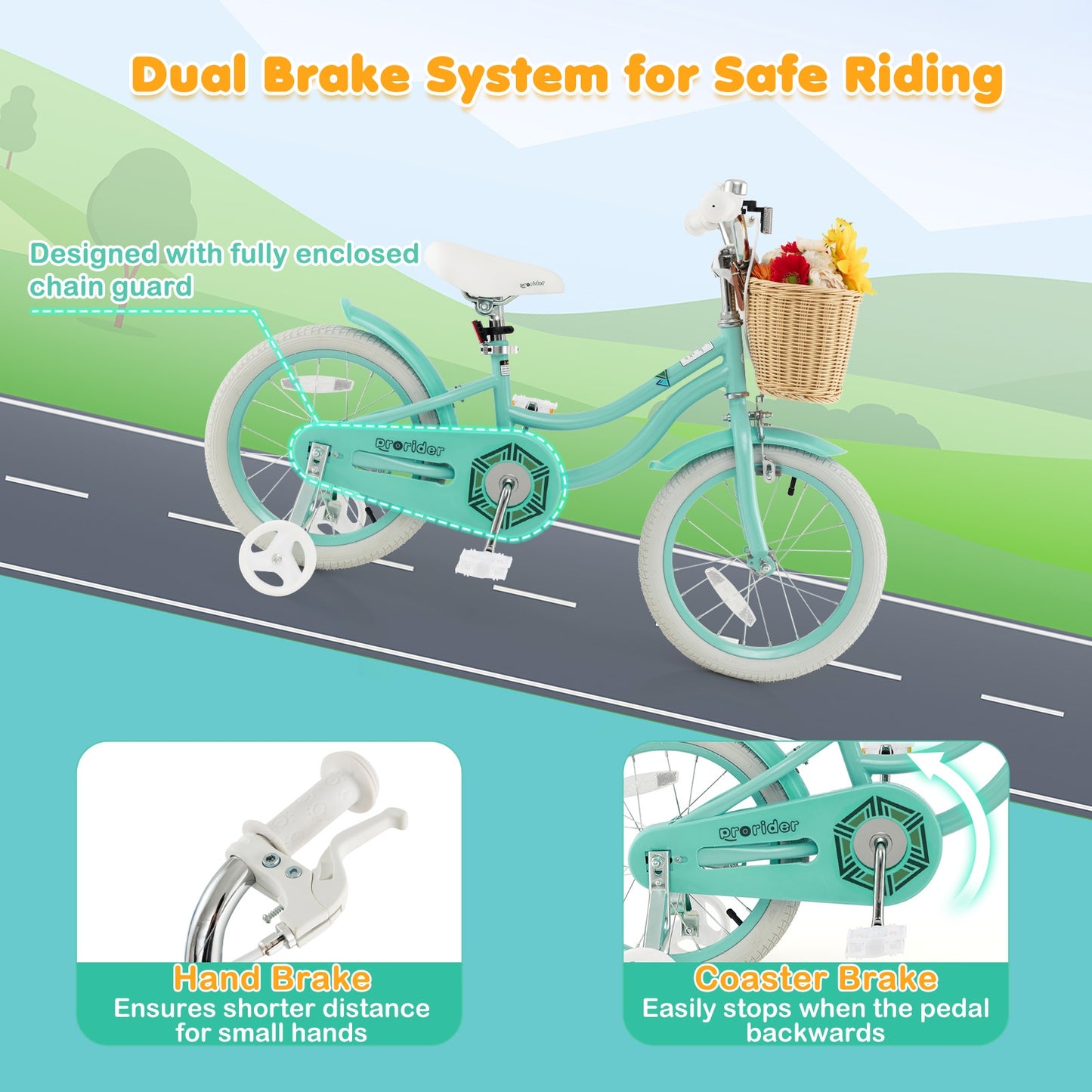 16" Kid's Bike with Training Wheels and Adjustable Handlebar Seat-Green