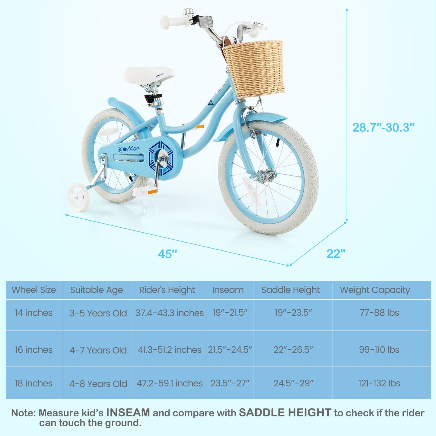 16" Kid's Bike with Training Wheels and Adjustable Handlebar Seat-Blue