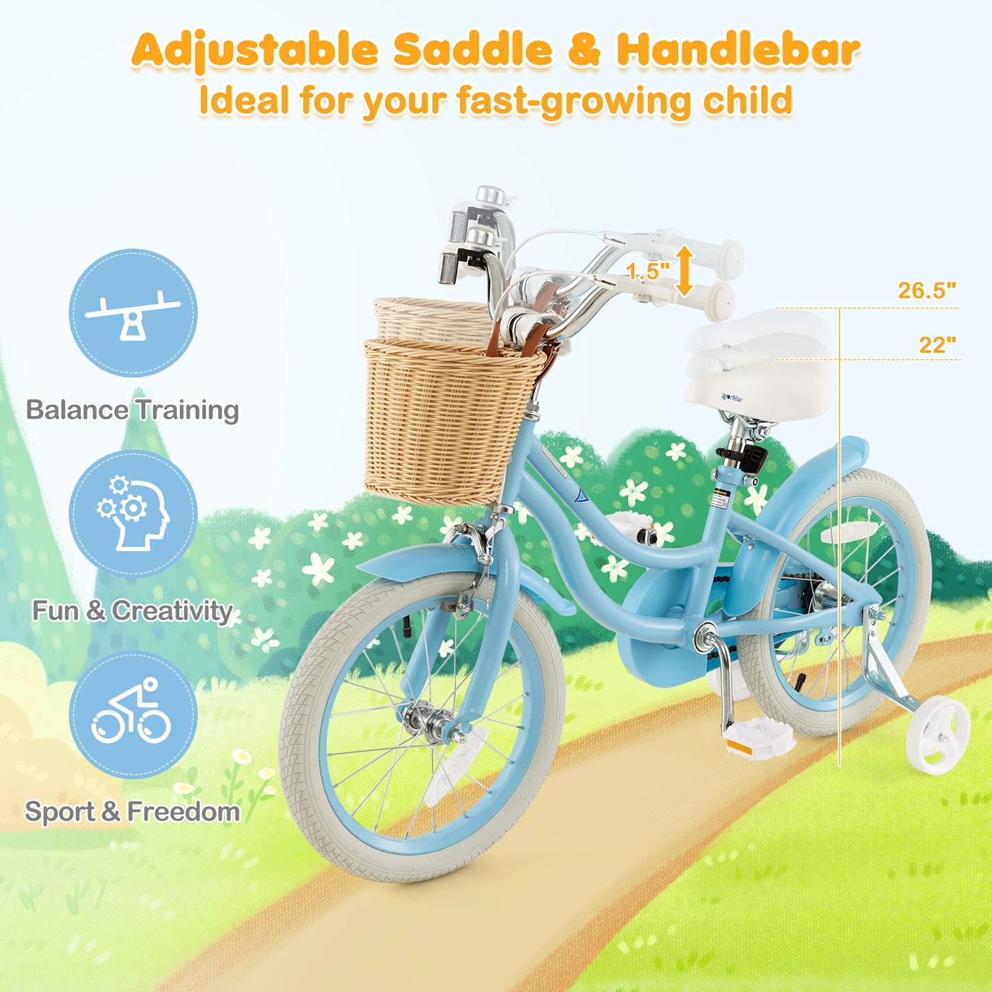 16" Kid's Bike with Training Wheels and Adjustable Handlebar Seat-Blue