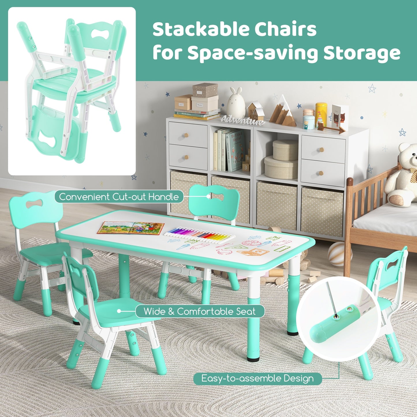 Kids Table and Chairs Set for 4 with Graffiti Desktop-Green