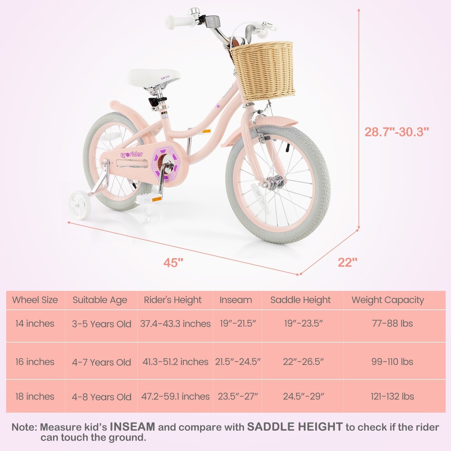 16" Kid's Bike with Training Wheels and Adjustable Handlebar Seat-Pink