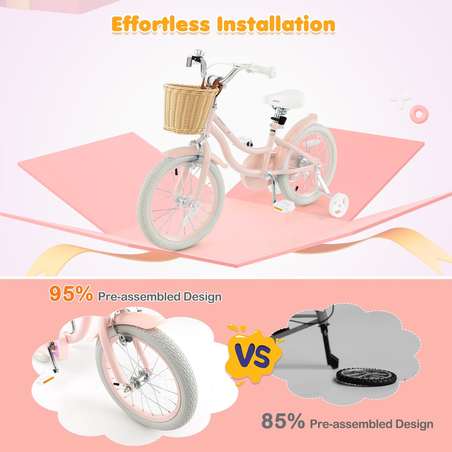 16" Kid's Bike with Training Wheels and Adjustable Handlebar Seat-Pink