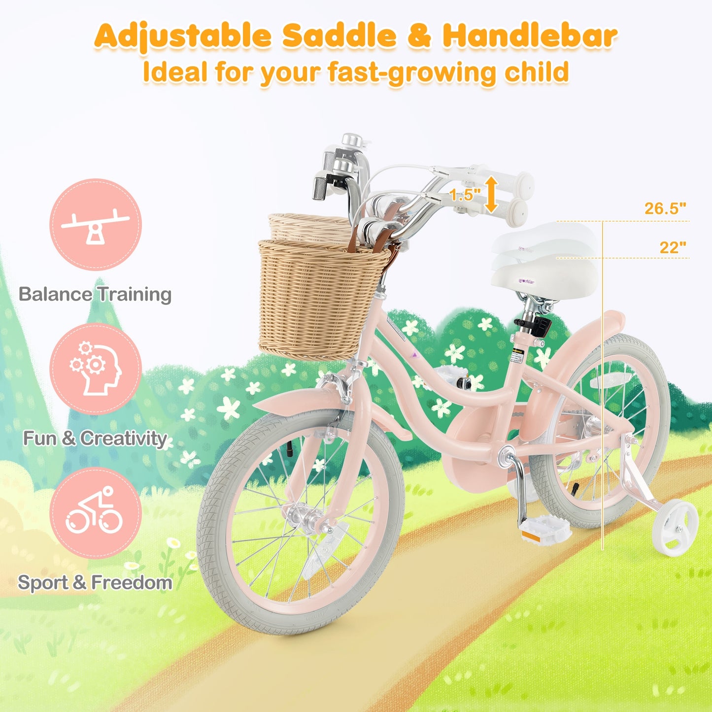 16" Kid's Bike with Training Wheels and Adjustable Handlebar Seat-Pink