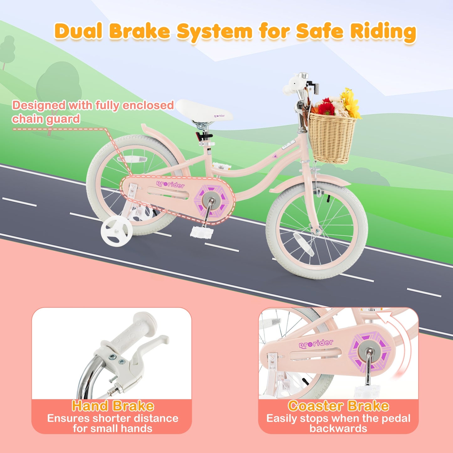 16" Kid's Bike with Training Wheels and Adjustable Handlebar Seat-Pink