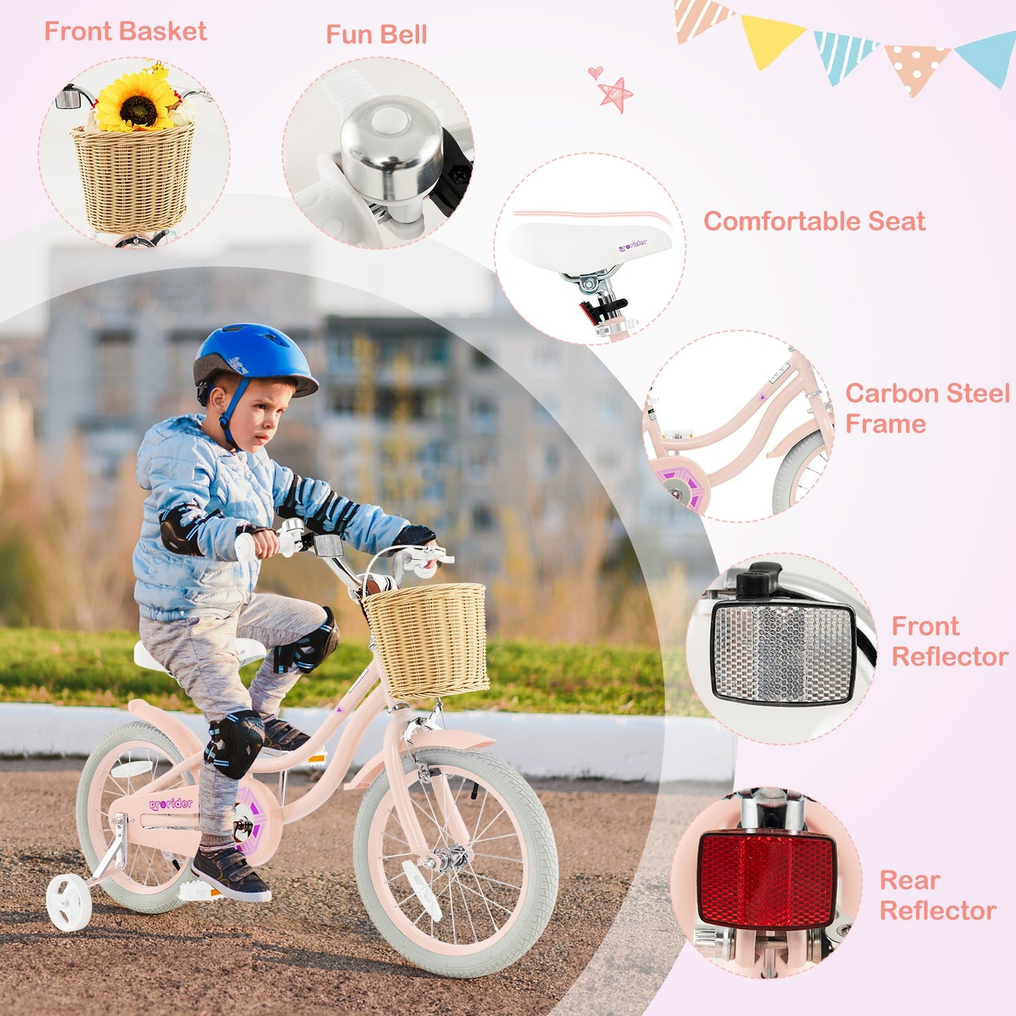 16" Kid's Bike with Training Wheels and Adjustable Handlebar Seat-Pink