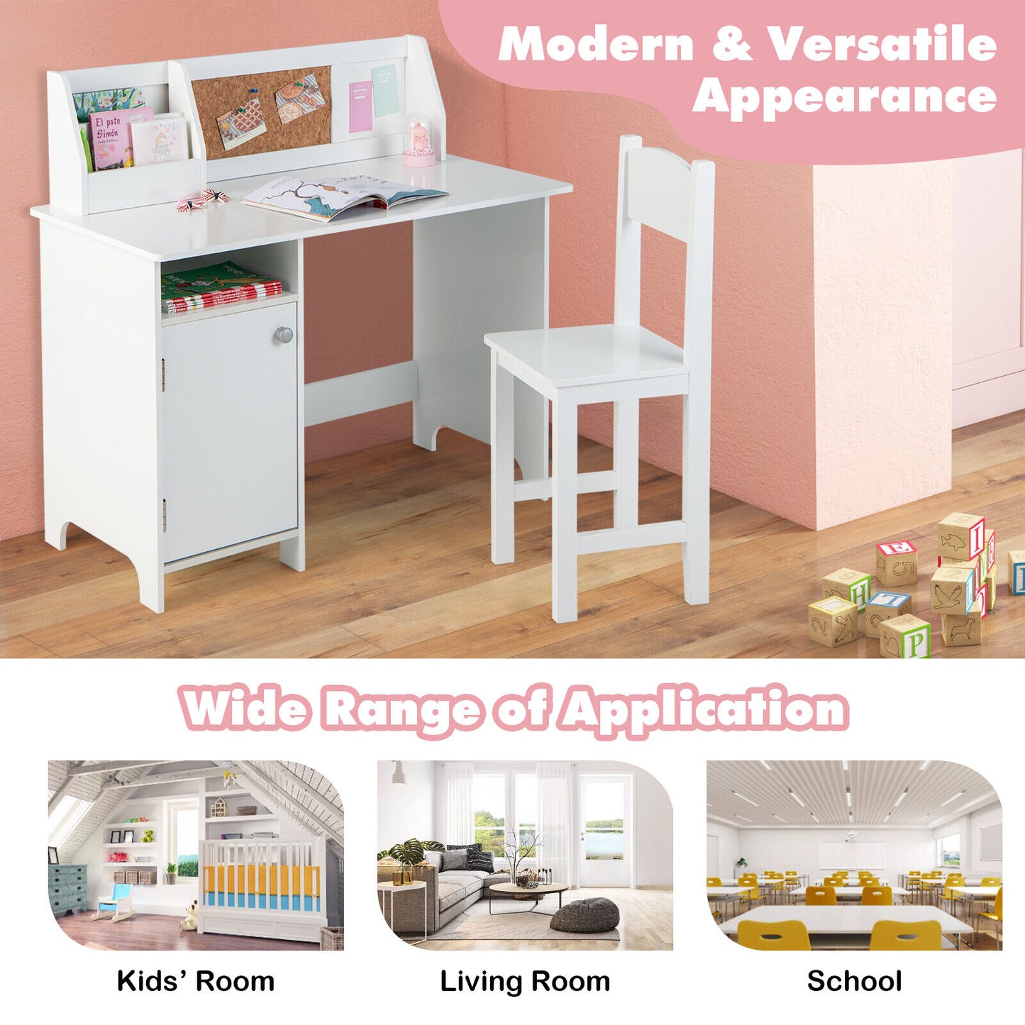 Wooden Kids Study Desk and Chair Set with Storage Cabinet and Bulletin Board-White