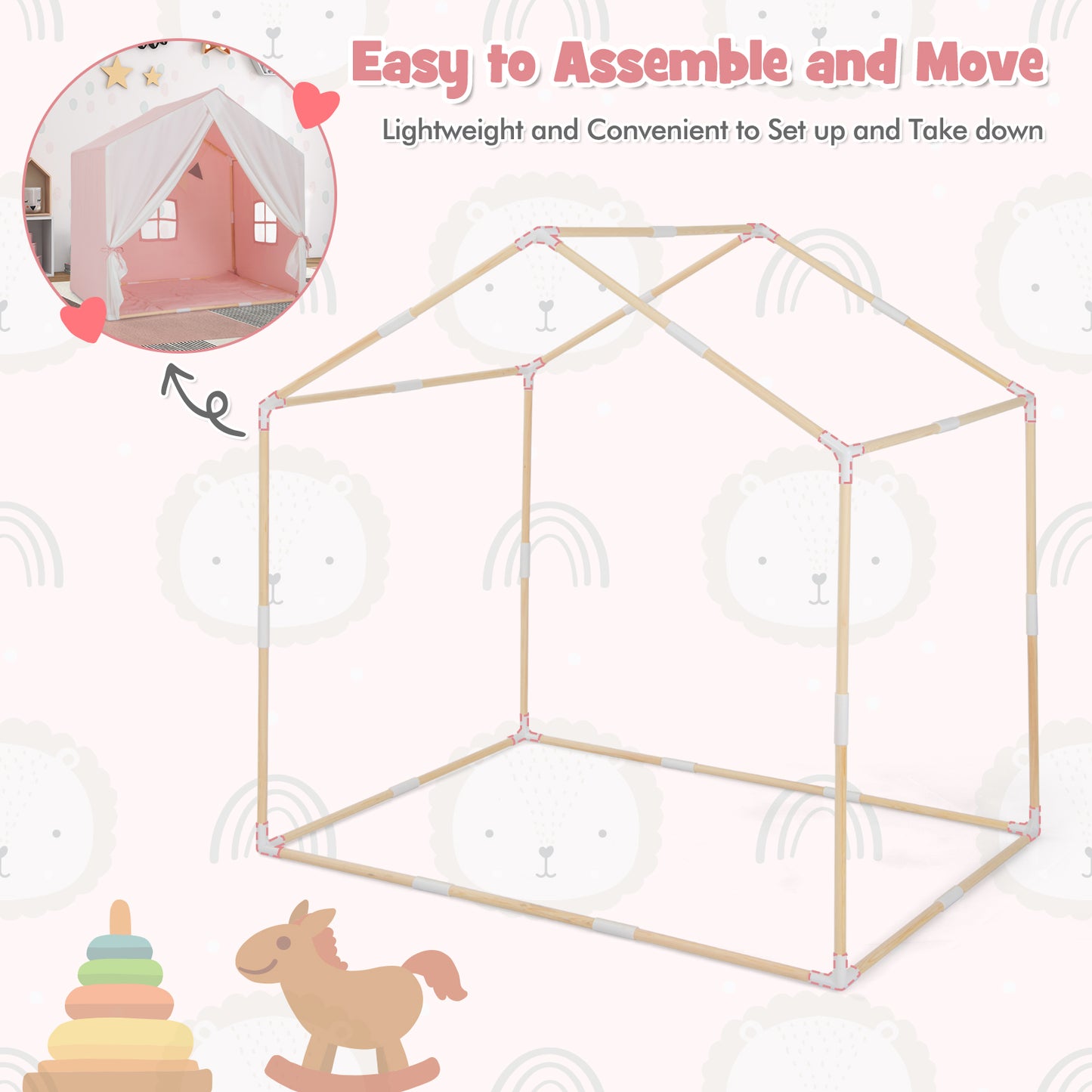 Kid's Play Tent with Washable Cotton Mat and Flag Banner-Pink