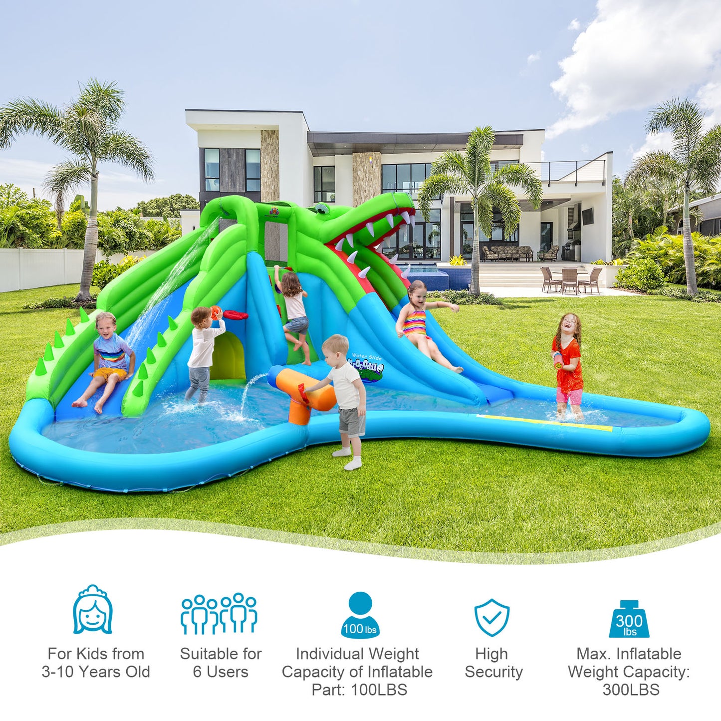 Inflatable Crocodile Style Water Slide Upgraded Kids Bounce Castle with 750W Blower